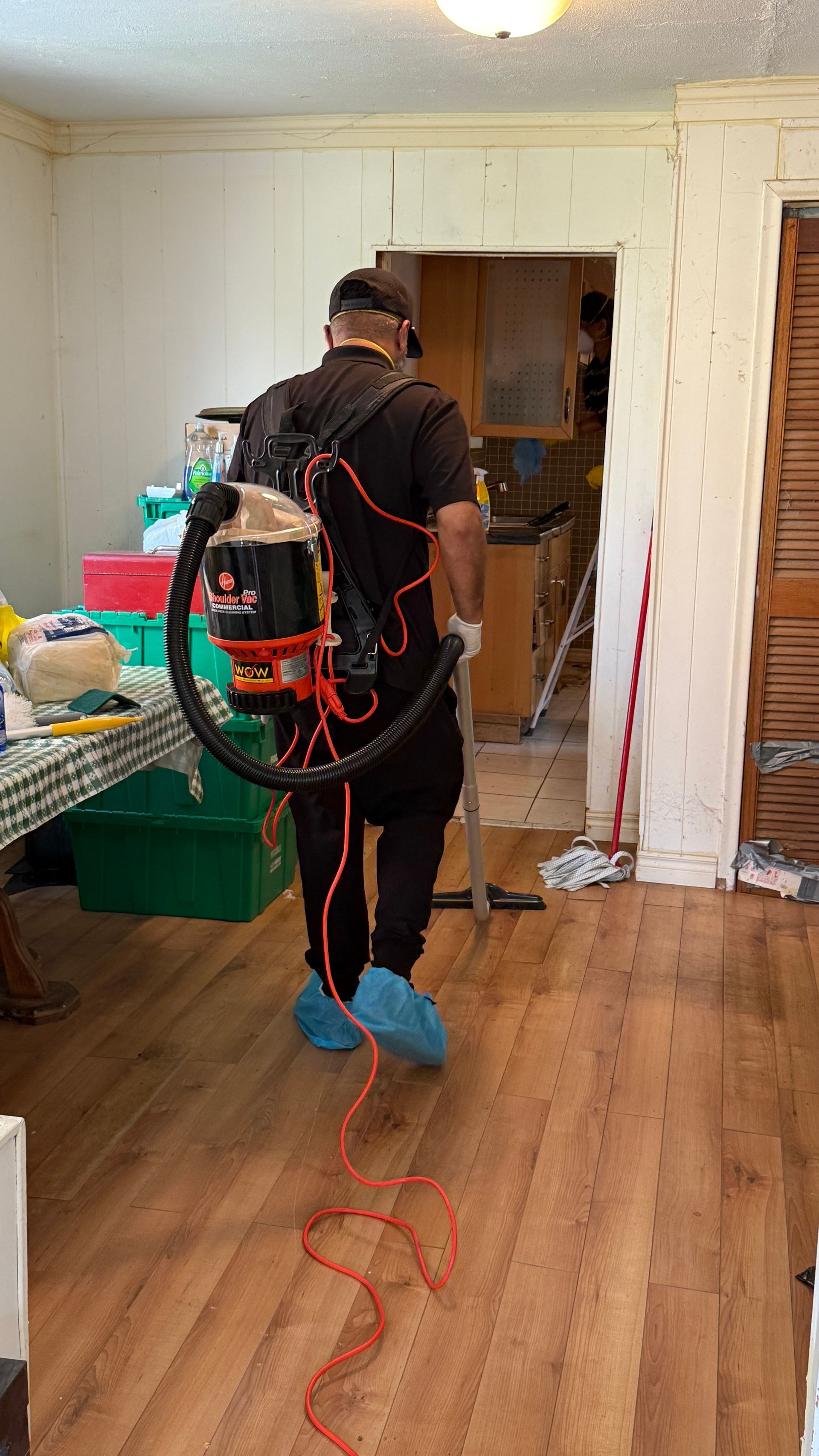 Person wearing backpack sprayer, spraying inside a home with wood floors.