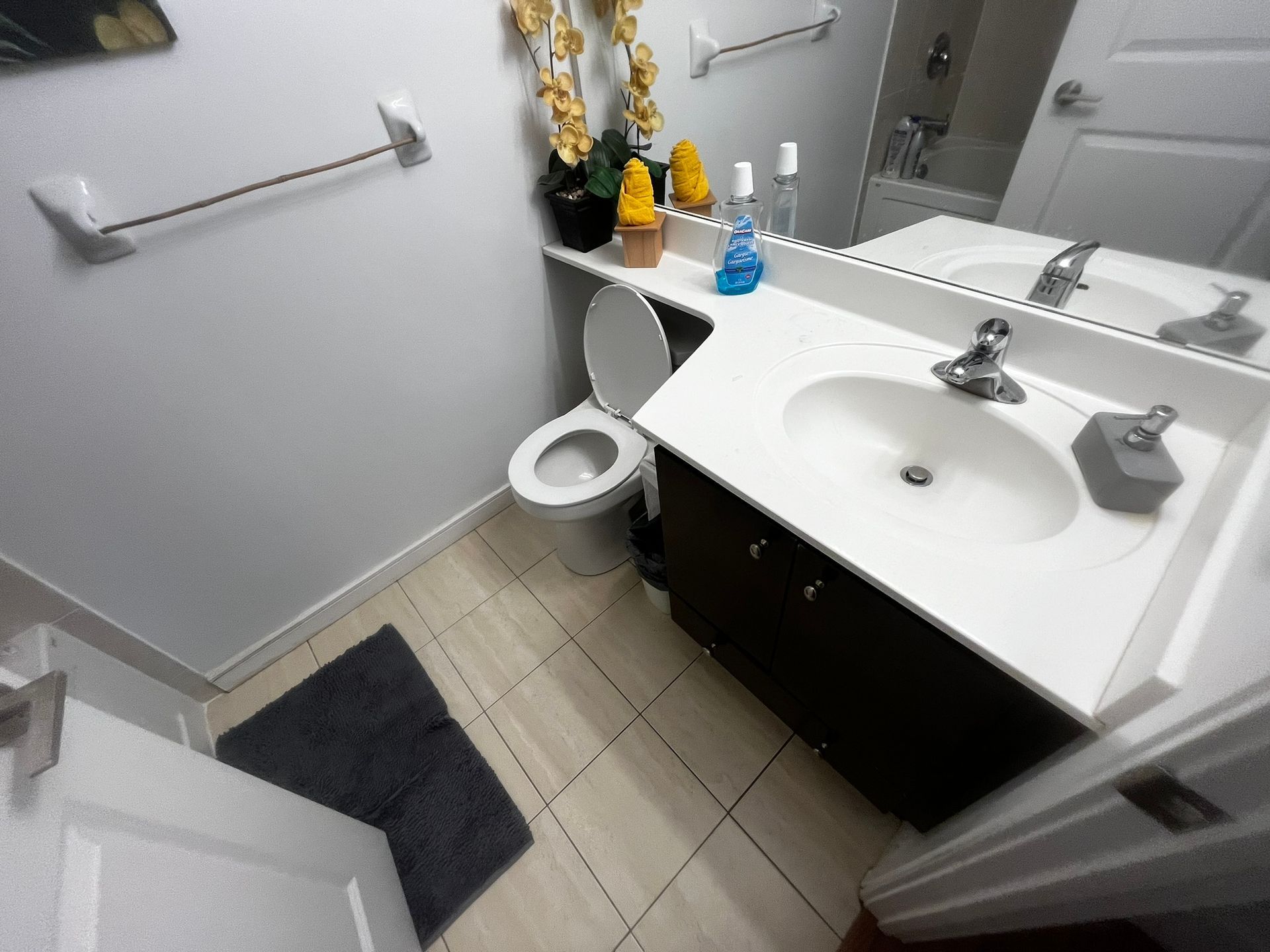 A bathroom with a toilet a sink and a mirror