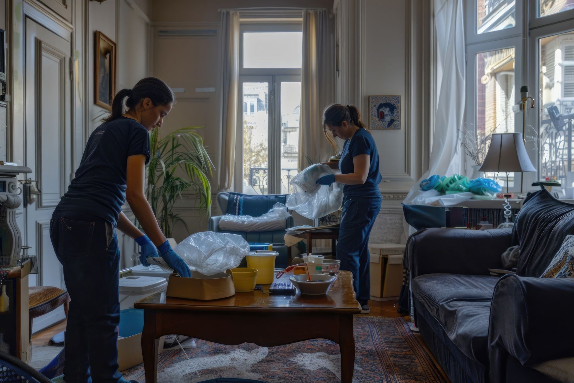 Two women in blue work shirts and gloves cleaning a cluttered living room with sunlight.