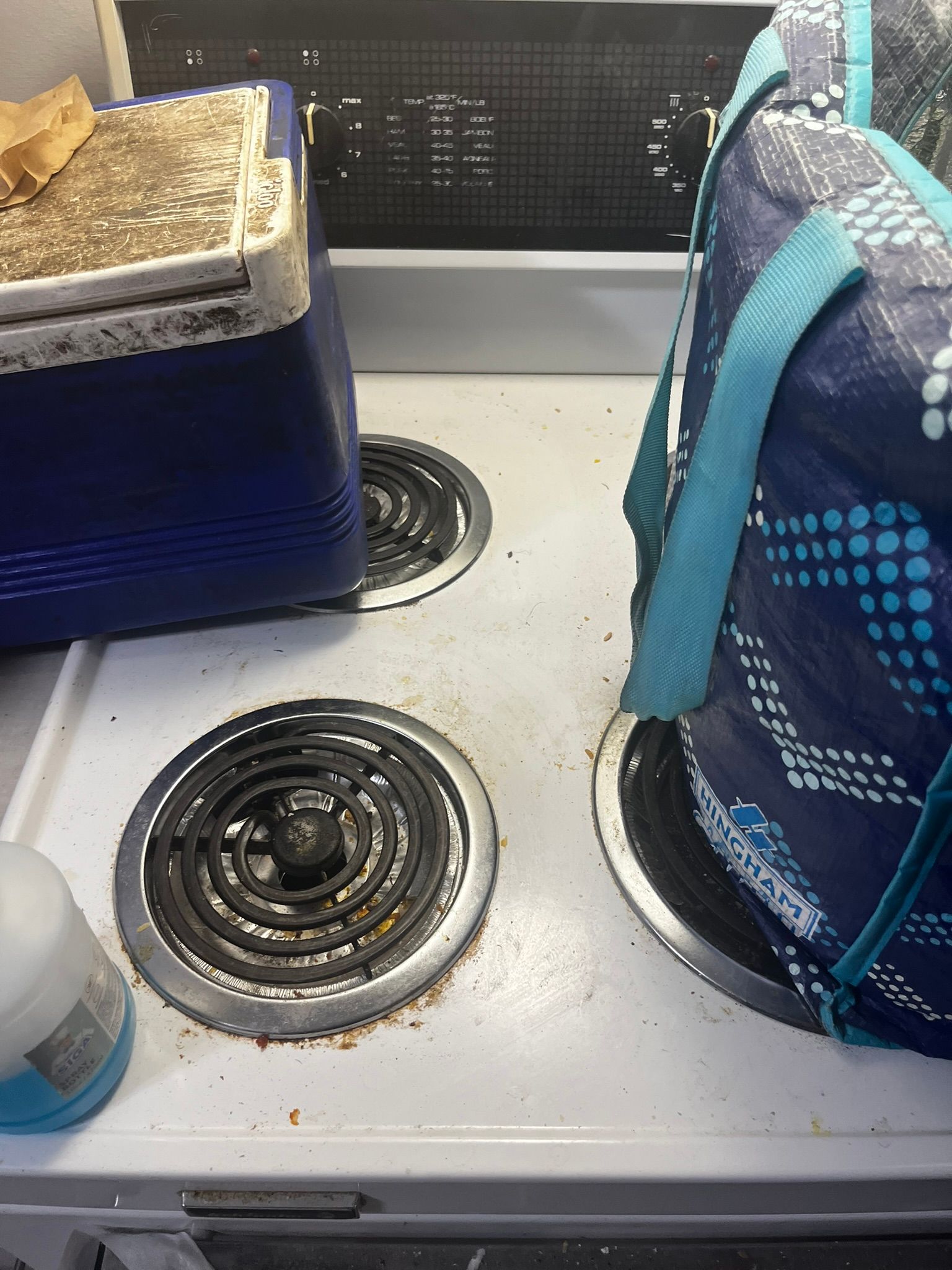 A kitchen with a stove and a bag on top of it.