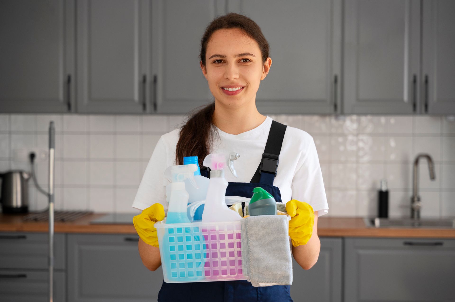 Woman in cleaning uniform holds a basket of cleaning supplies in a kitchen, smiling at the camera.