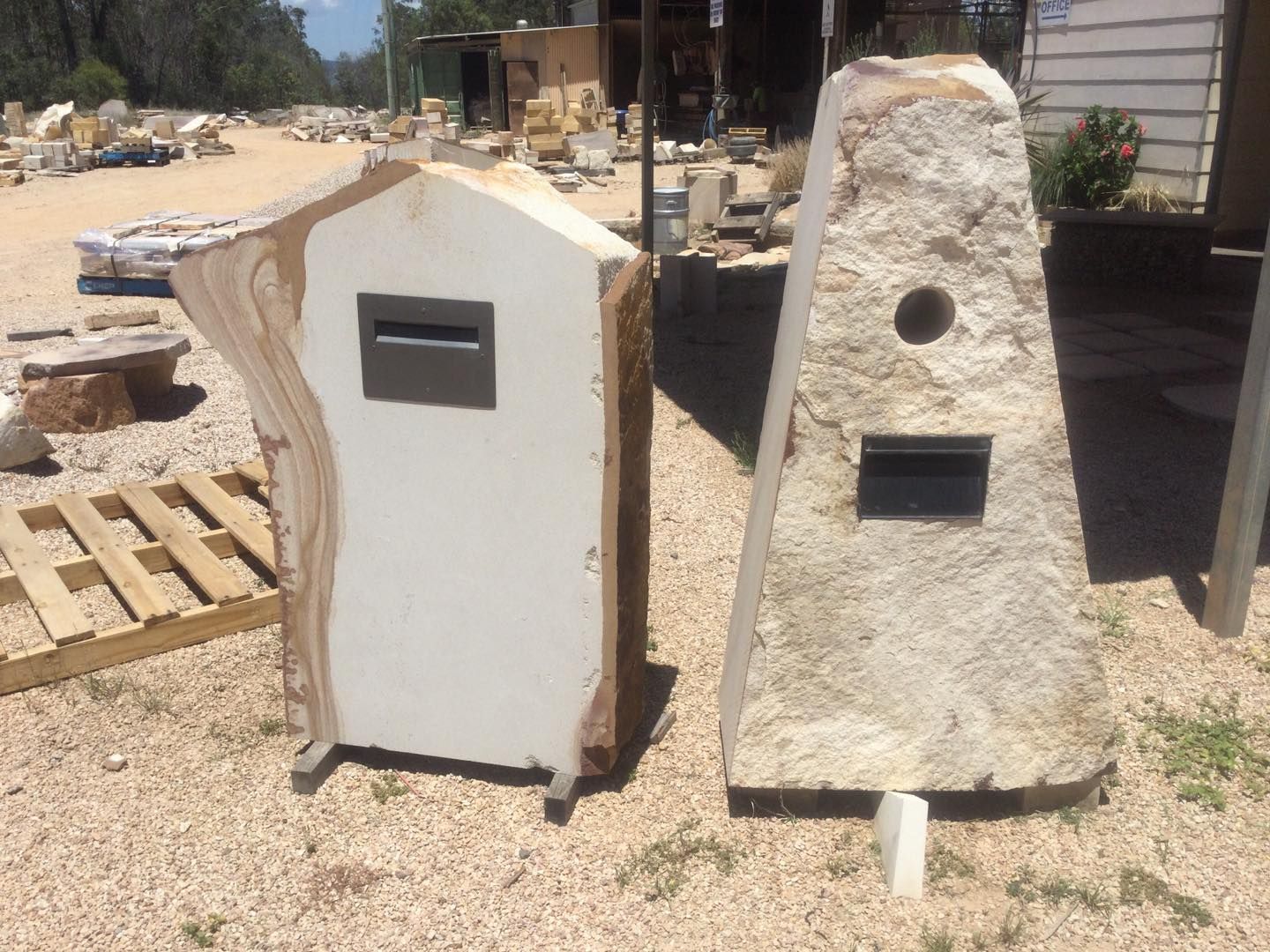 Two Stone Mailboxes With Mail Slots, Outside on Gravel — Australian Sandstone Products In Highfields, QLD