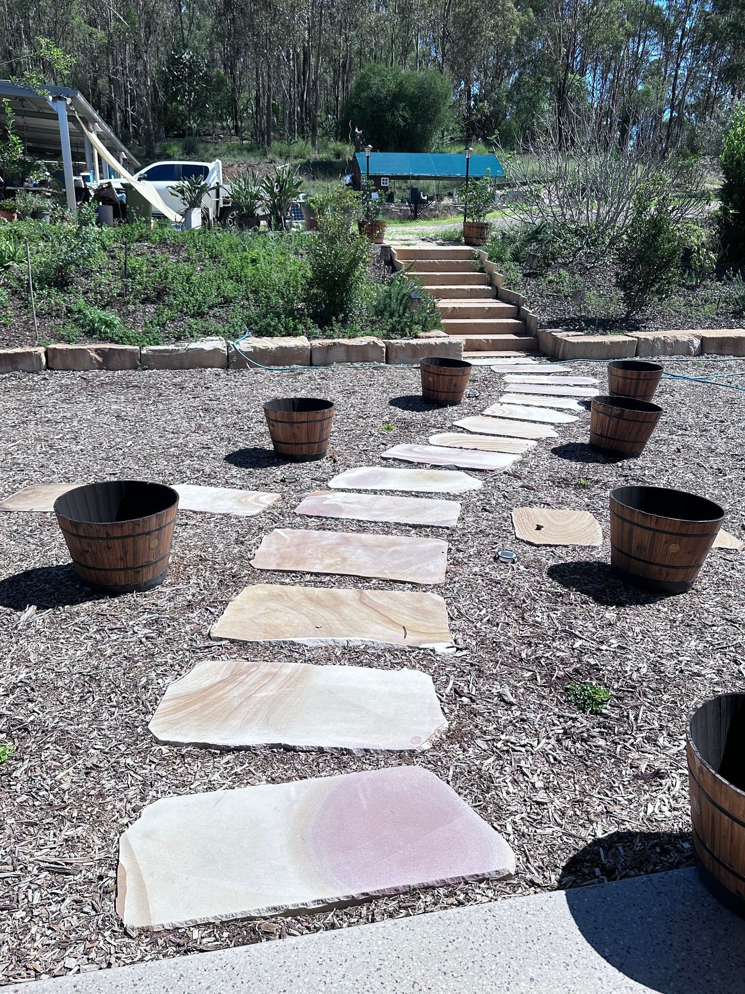 Stone Path With Potted Plants Leading to Steps — Australian Sandstone Products In Highfields, QLD