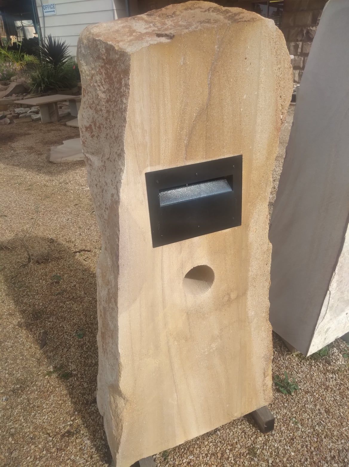 Beige Stone Mailbox With Black Mail Slot and Round Hole — Australian Sandstone Products In Ipswich, QLD