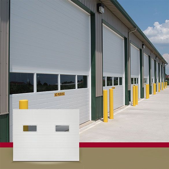 A row of white garage doors with the word open on them