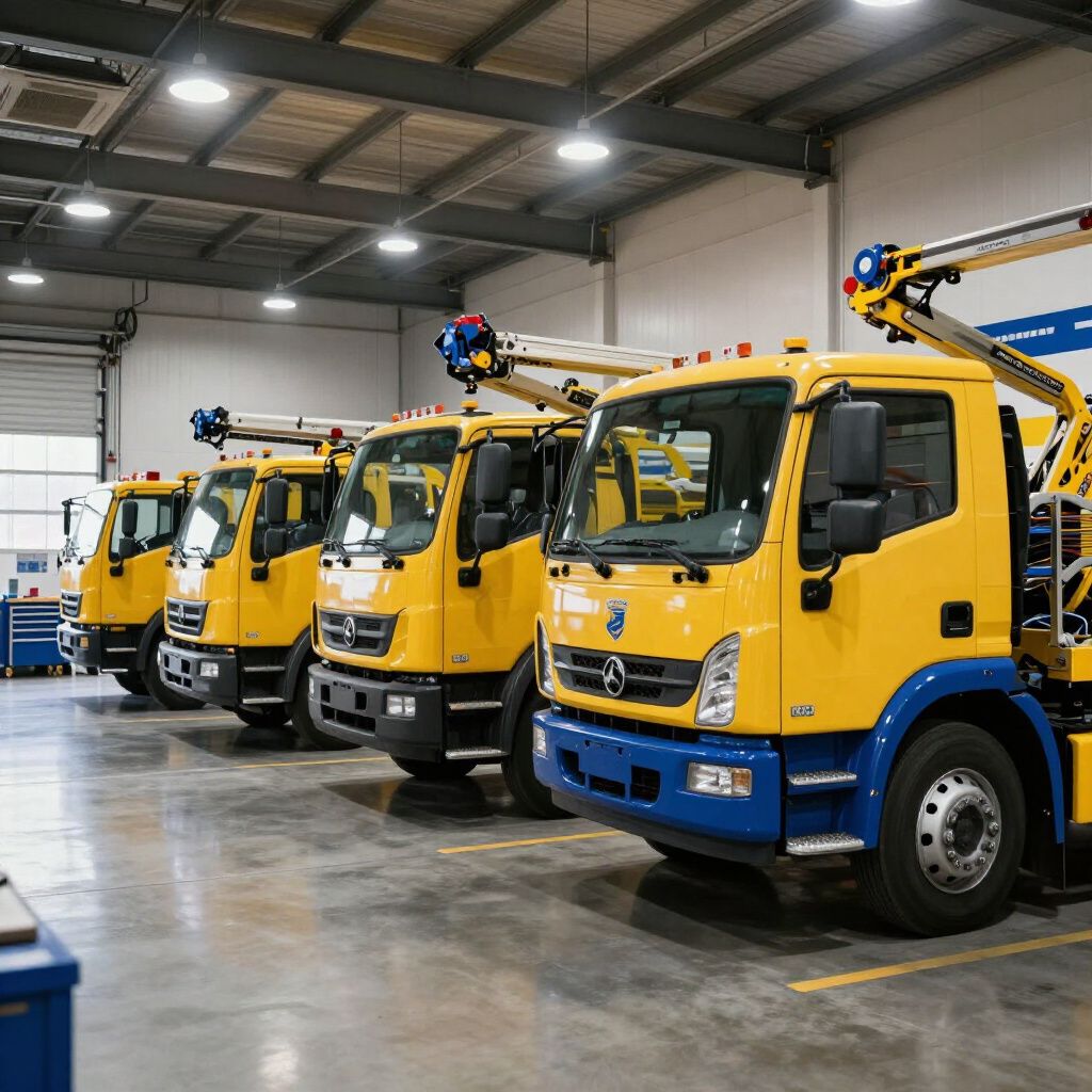Yellow utility trucks parked inside a warehouse.