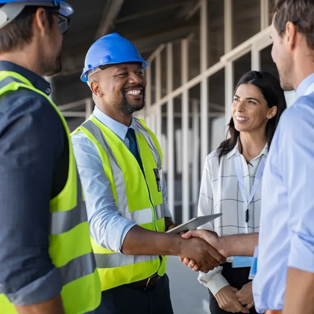 A group of Reston Contractor are shaking hands on a construction site.