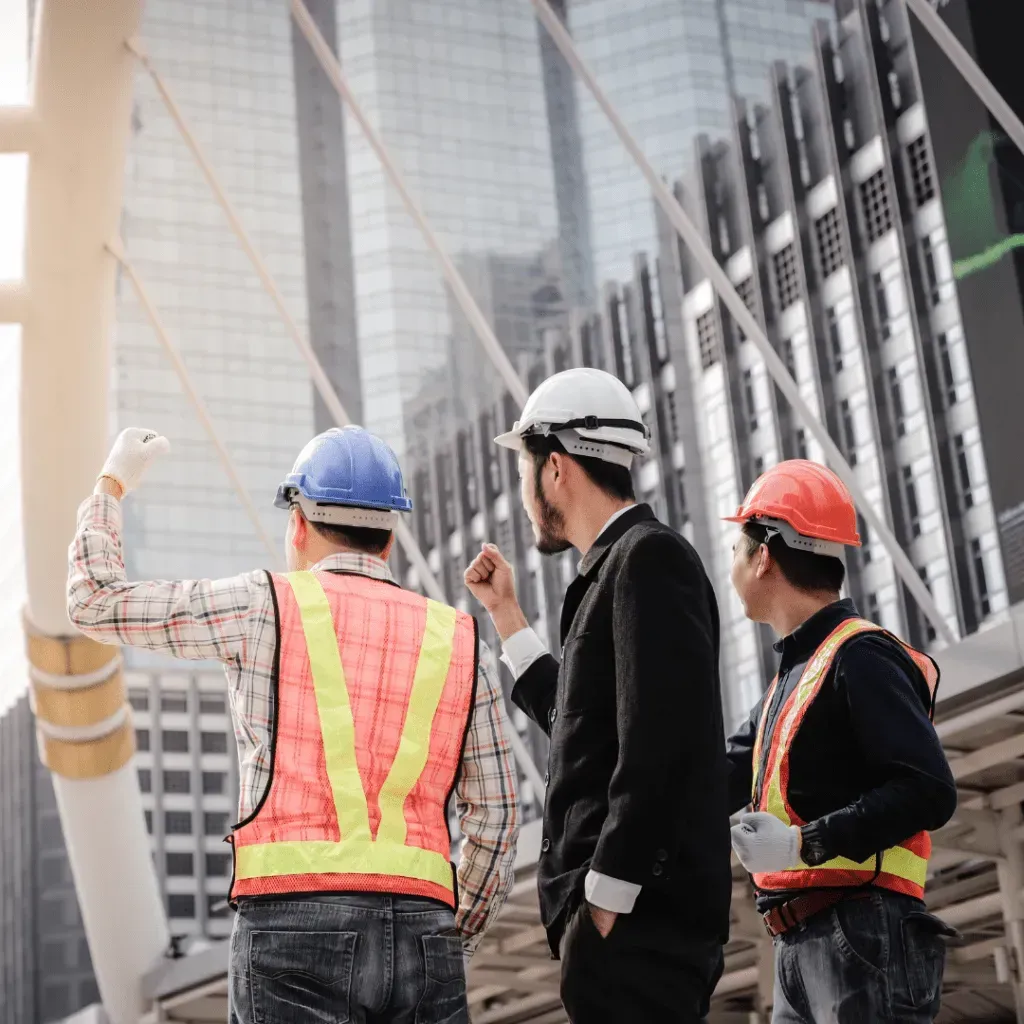 A group of Reston Contractor are standing on top of a building.