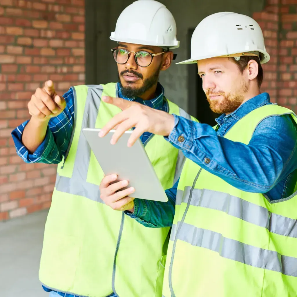 Two Reston Contractor are looking at a tablet together.