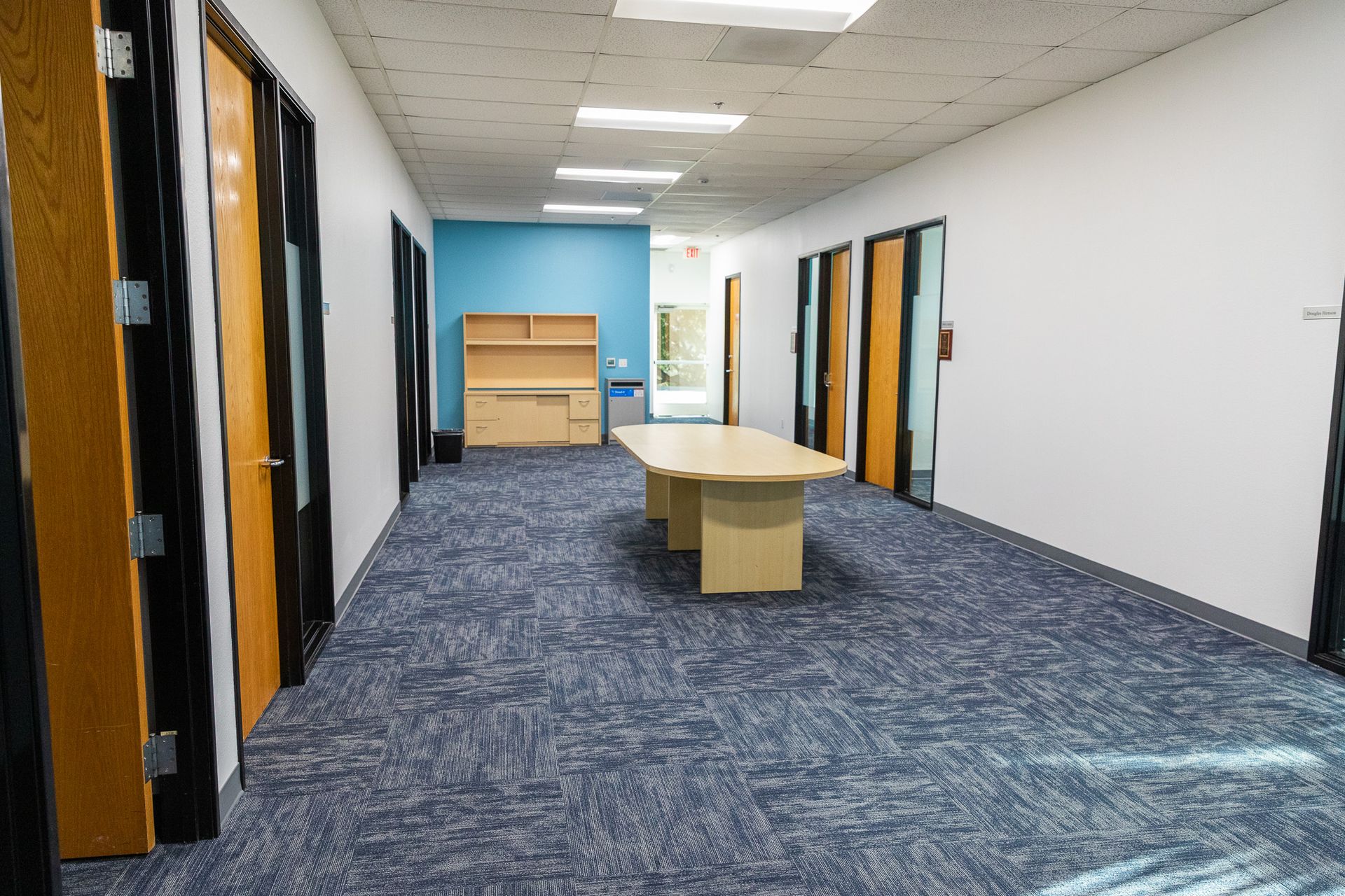 Hallway with doors, blue carpet, a long table, and a cabinet against a blue wall.