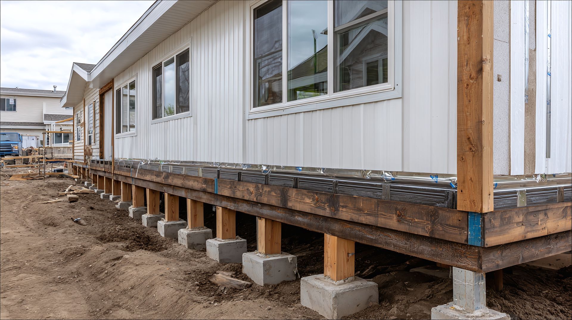 Exterior view of a house with a raised deck under construction, supported by concrete blocks and wooden posts.