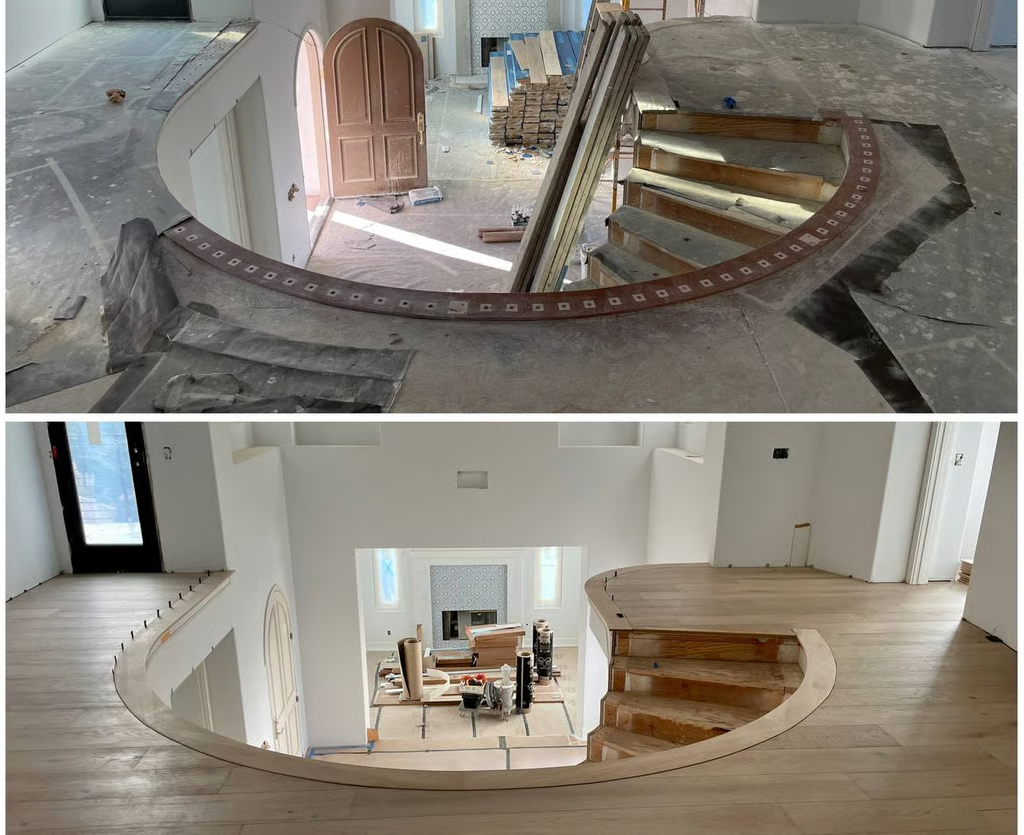 Two photos showing a home's staircase construction: unfinished (top) and completed (bottom).