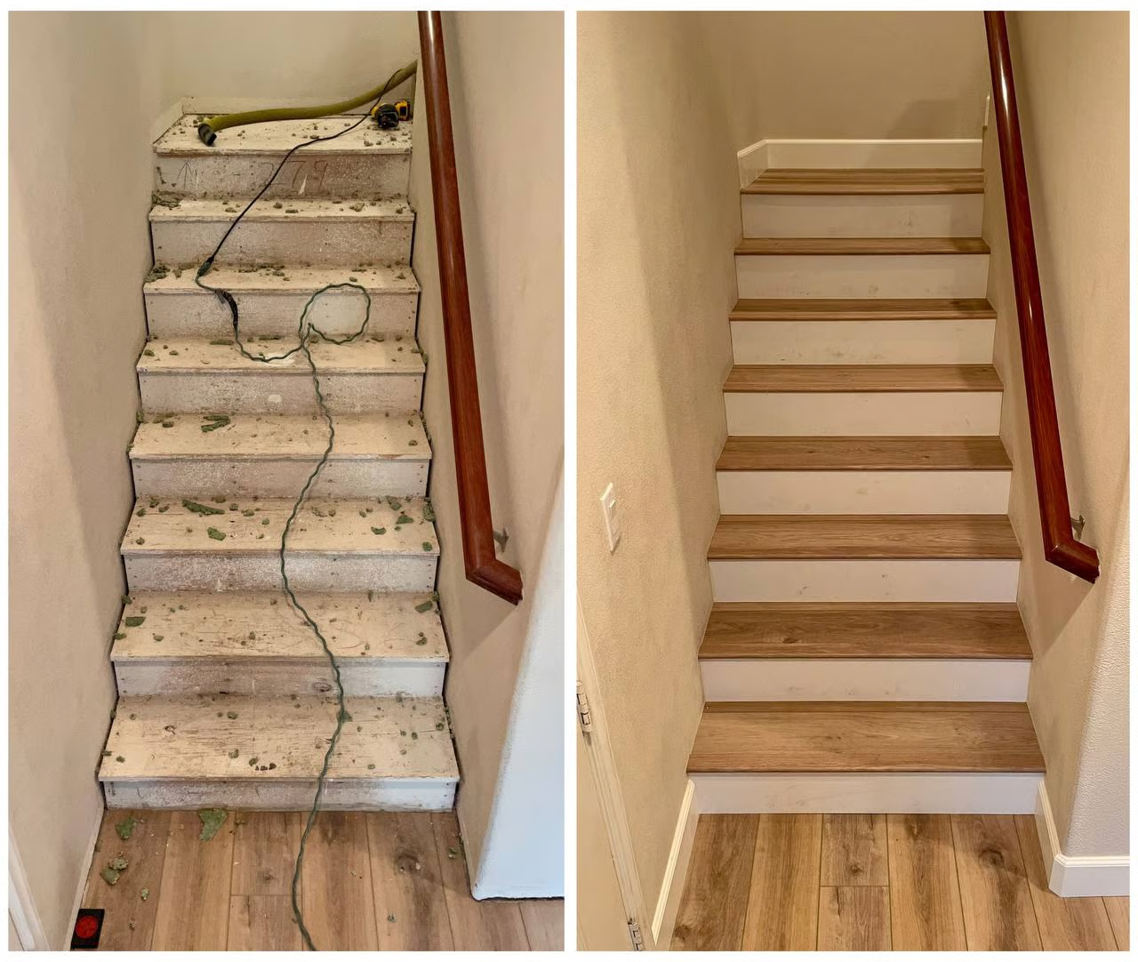 Before-and-after of staircase renovation. Old, worn stairs replaced with new wooden treads and white risers.