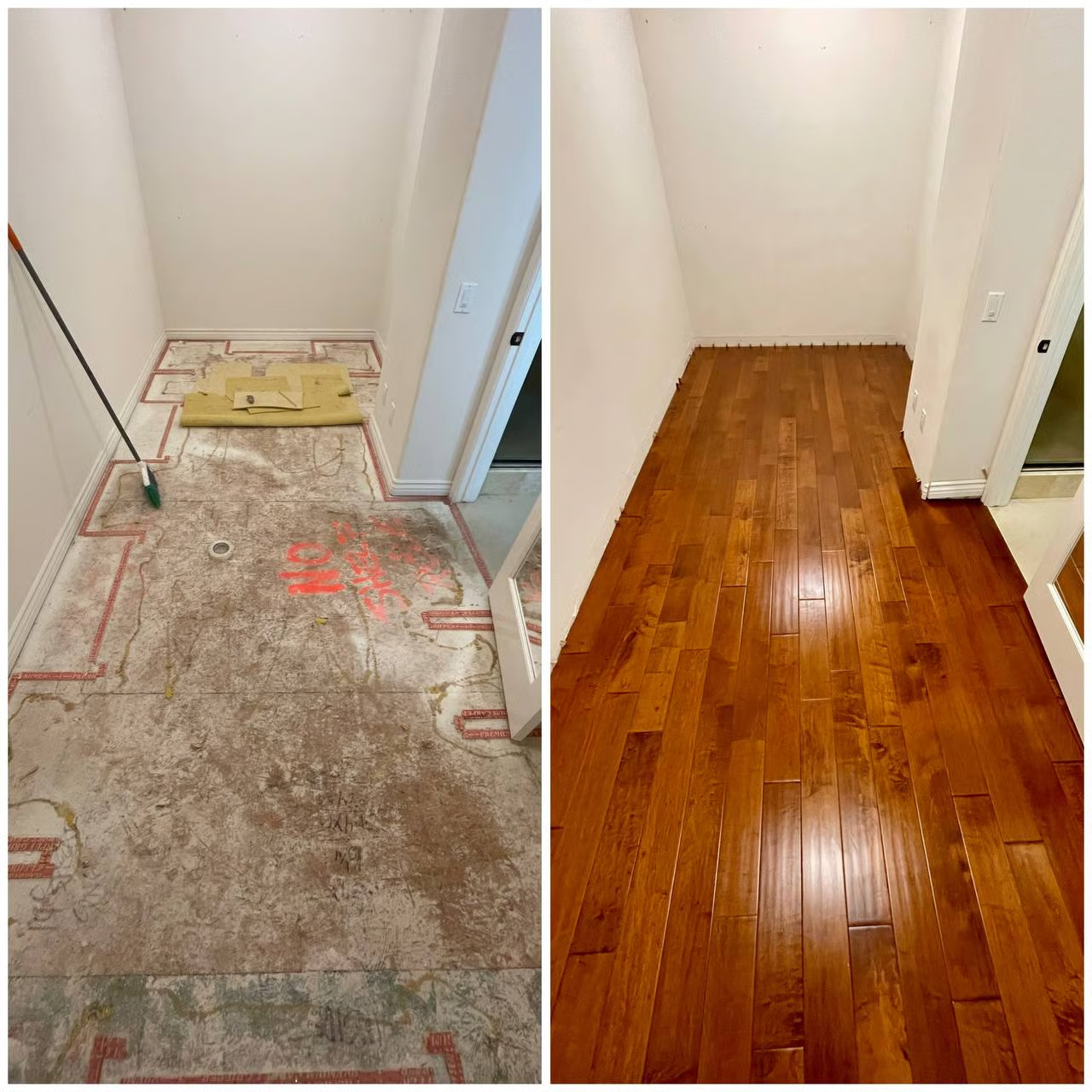 Before and after of a hallway floor; left side shows old floor and debris, right side shows shiny wood floor.