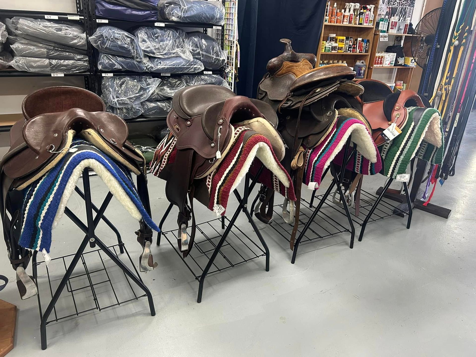 A brown saddle is sitting on a table in a store. — Paint Horse Saddlery In Taree, NSW