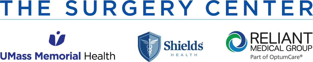 A logo for the surgery center with logos for reliant medical group shields and umass memorial health
