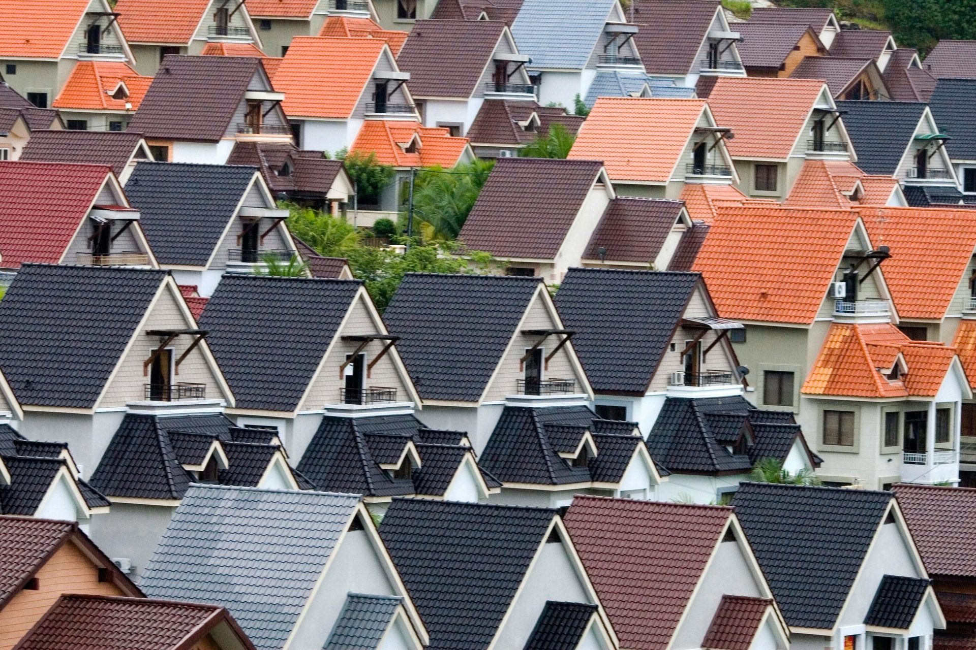 Many houses with triangular roofs