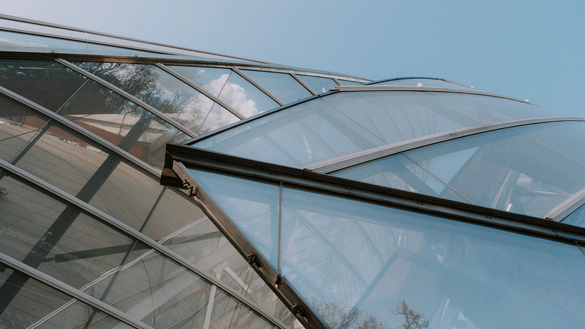 Modern glass building facade with curved metal framework against blue sky