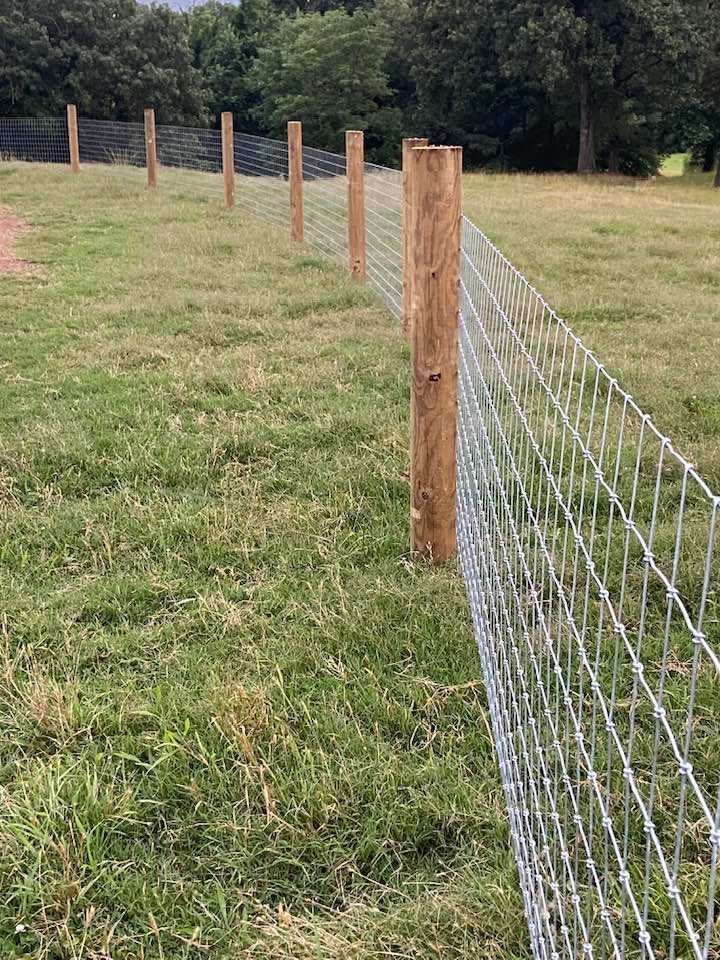 Wooden fence posts with wire mesh fencing in a grassy field.
