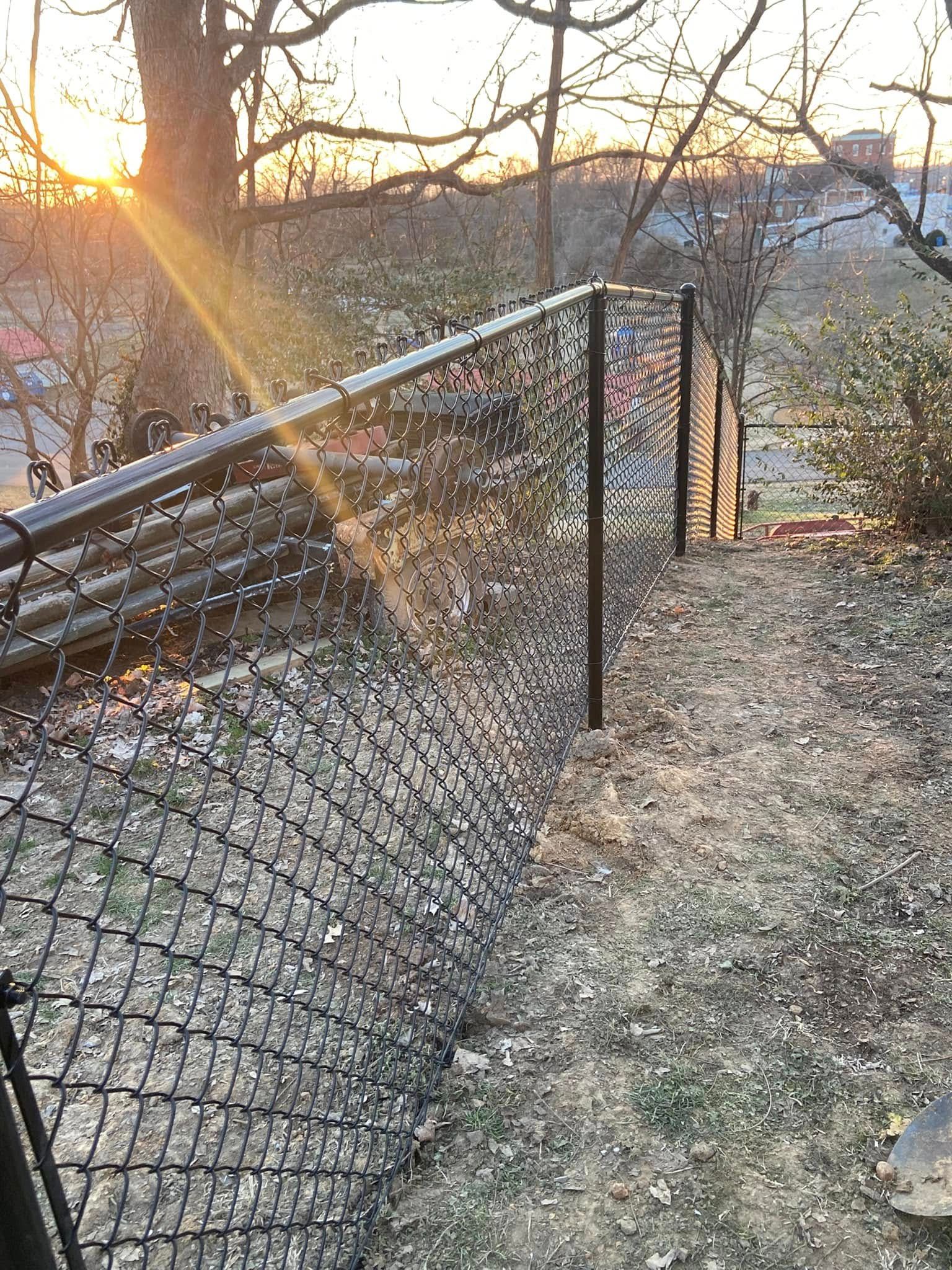 Chain-link fence on a hillside, illuminated by the setting sun, trees and buildings in the background.