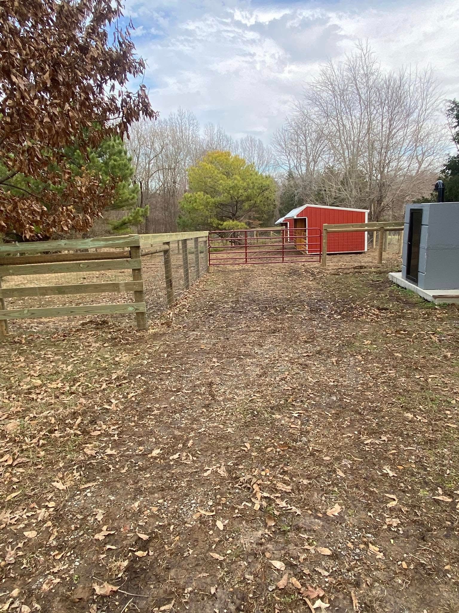 Fenced yard with fallen leaves, leading to a red shed. A tree with red foliage is on the left.