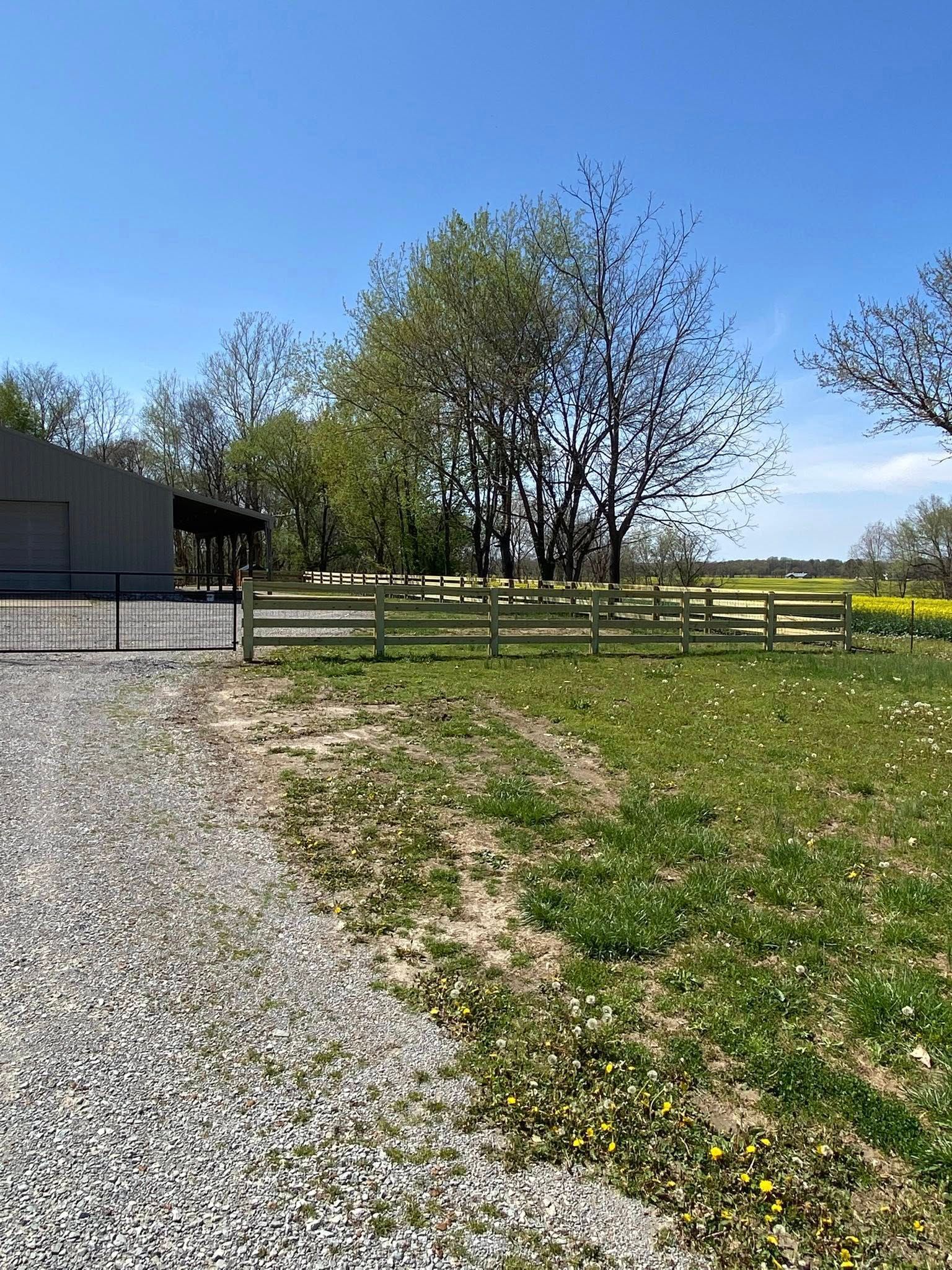 Gravel driveway leads to a fenced field with trees, yellow flowers, and a building under a blue sky.