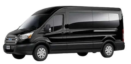 A black van is parked on a white background.