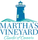 The logo for martha 's vineyard chamber of commerce has a lighthouse on it.