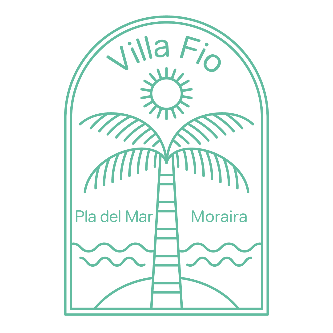 Groen "Villa Fio"-logo met palmboom, zon, zeegolven en de tekst "Pla del Mar Moraira".