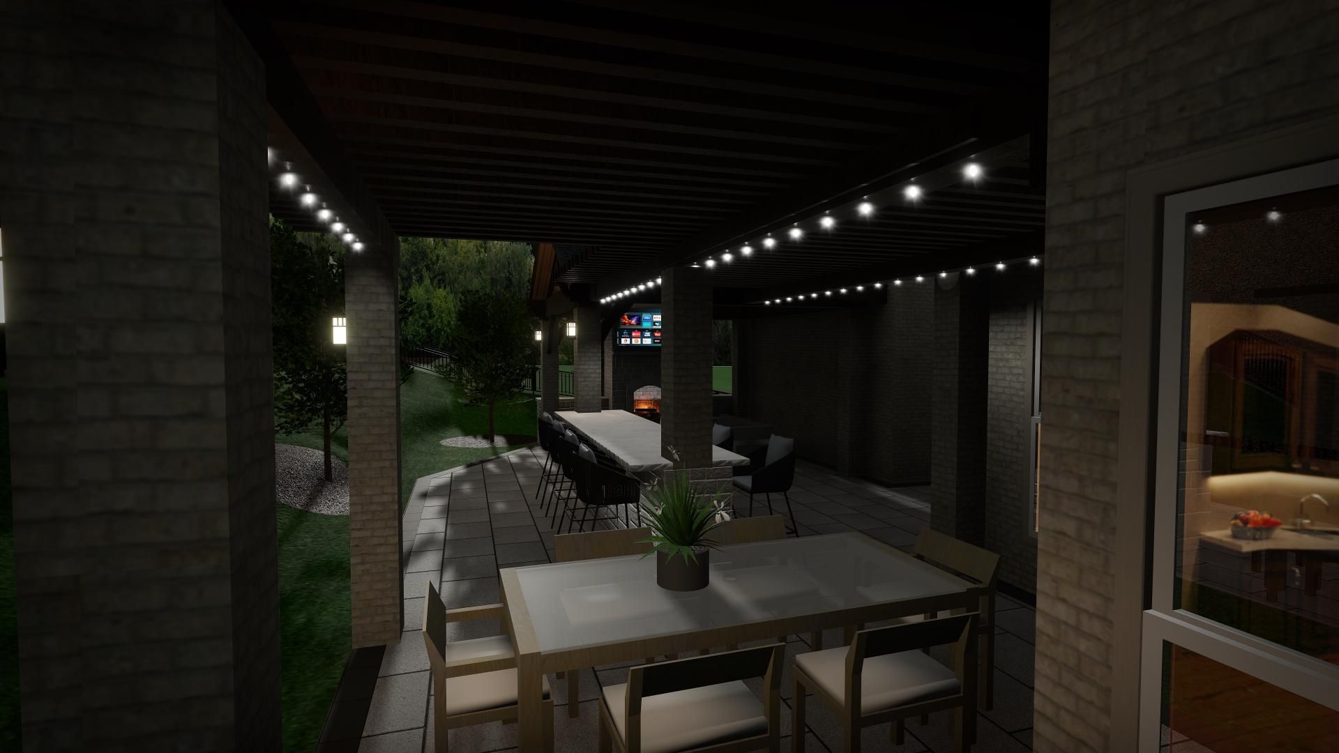 Covered patio with dining tables, string lights, and a view of a backyard.