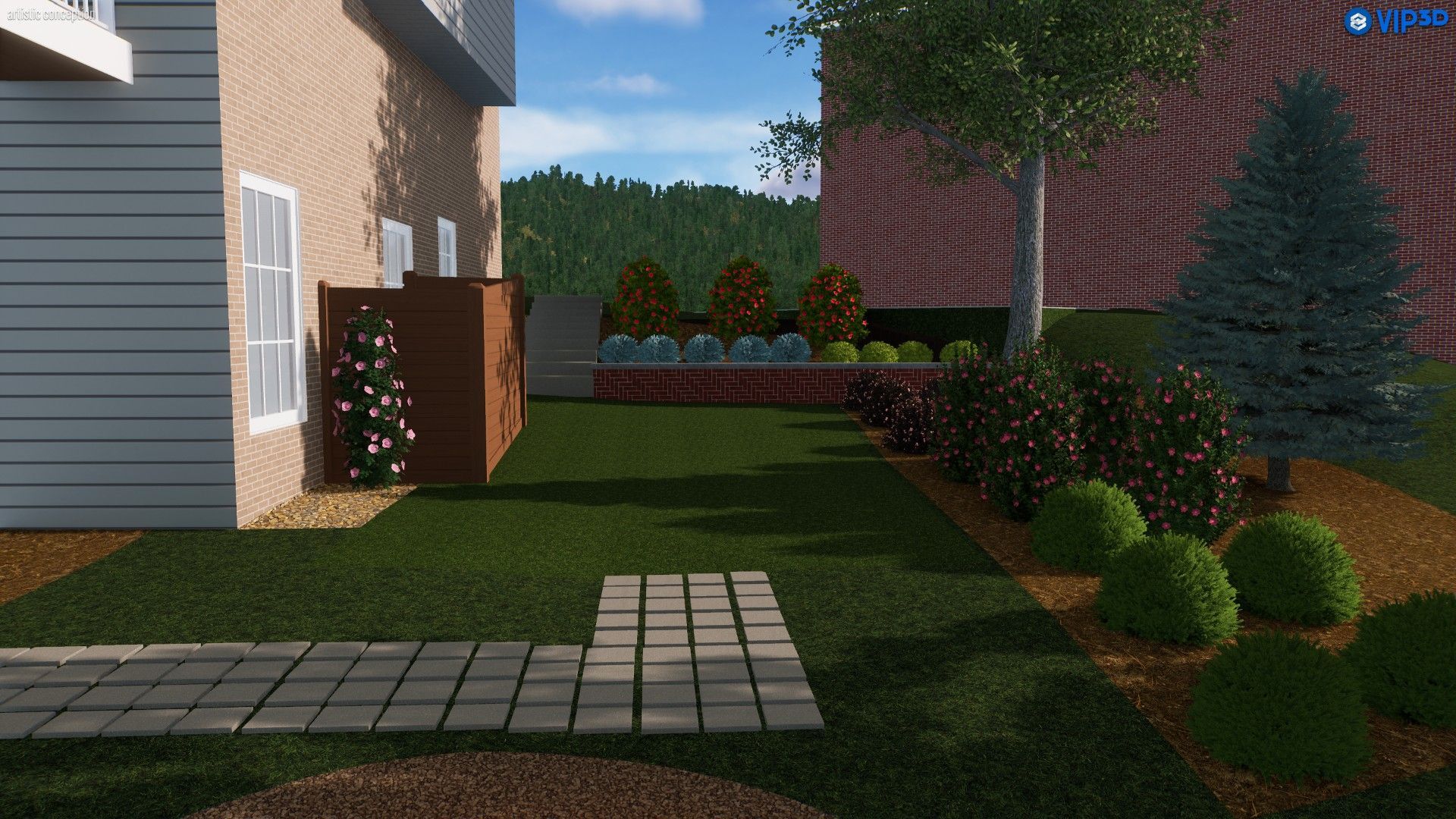 A grassy backyard with a stone path, trees, bushes, and two buildings on either side under a blue sky.