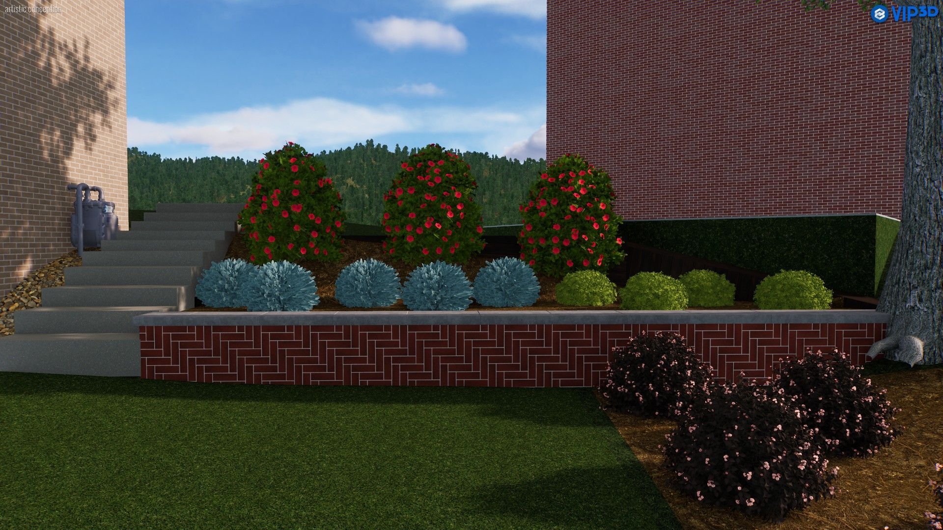 Brick building with landscaped garden, featuring bushes and a row of colorful plants.