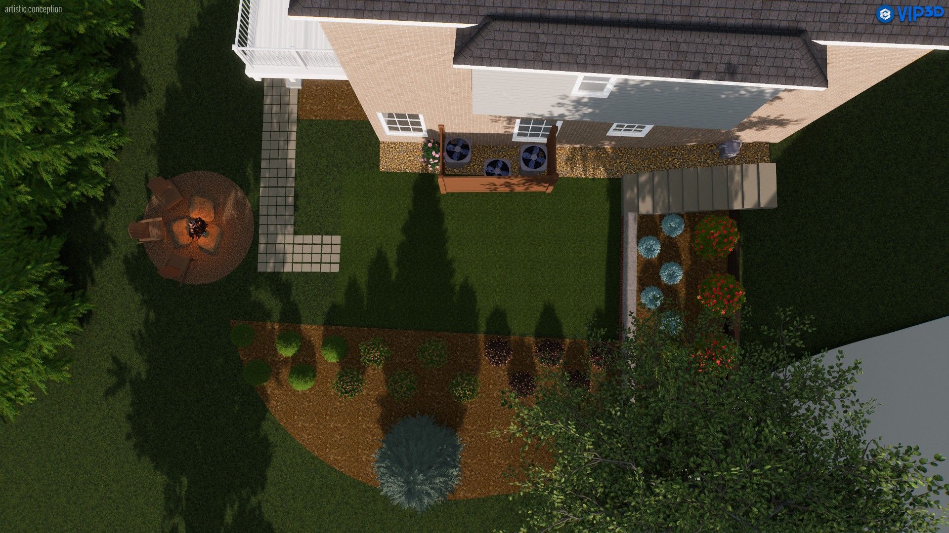 Overhead view of a backyard design with a fire pit, patio, garden beds, and house with trees.