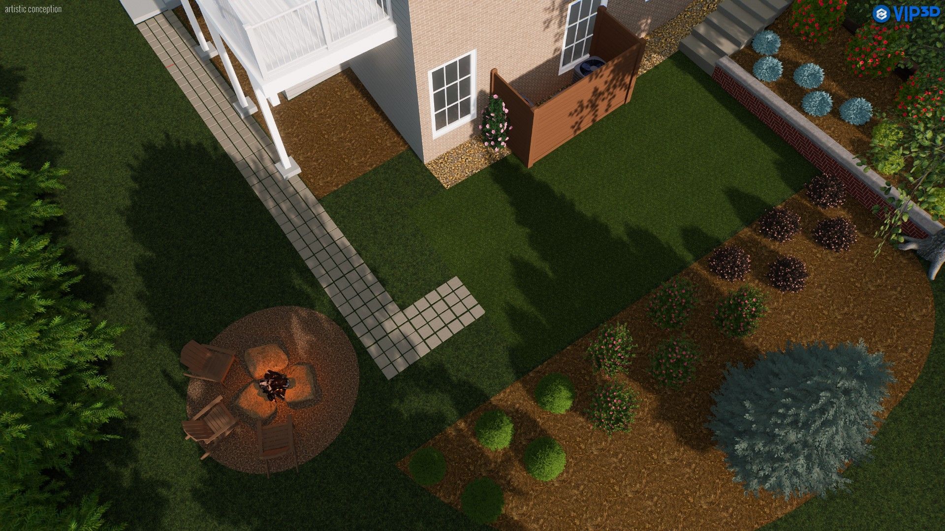 Overhead view of a backyard with a house, patio, fire pit, garden beds, and landscaping.