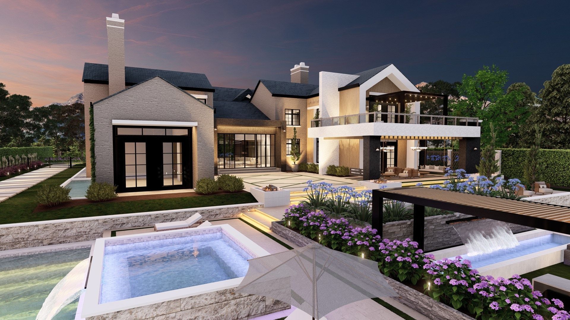 Luxurious home with pool, spa, outdoor kitchen, and balcony at dusk.
