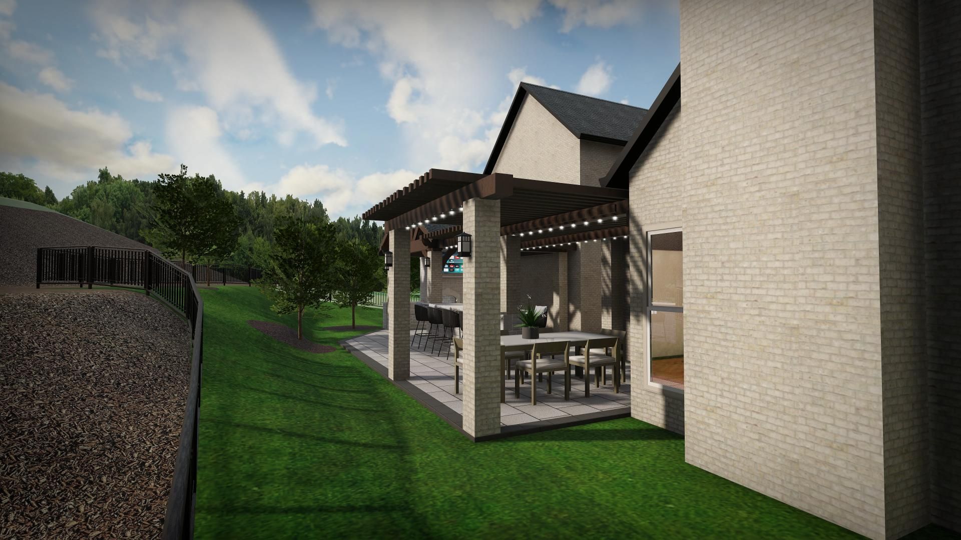 Backyard patio with dining area and grill, attached to a two-story house, with green lawn and trees.