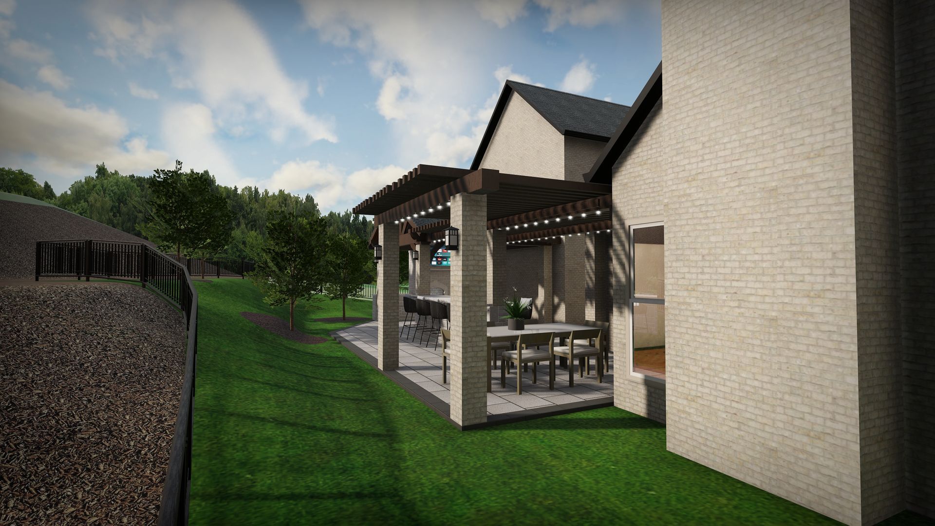 Backyard patio with dining table, pergola, and hillside. Green grass and white house exterior.