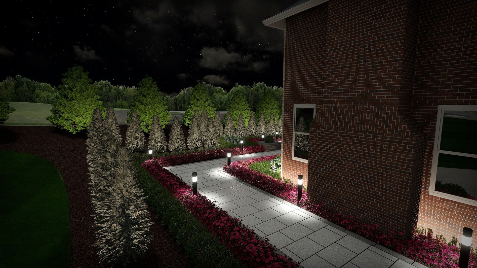 Nighttime view of a brick house with a lit pathway lined with hedges and lights.