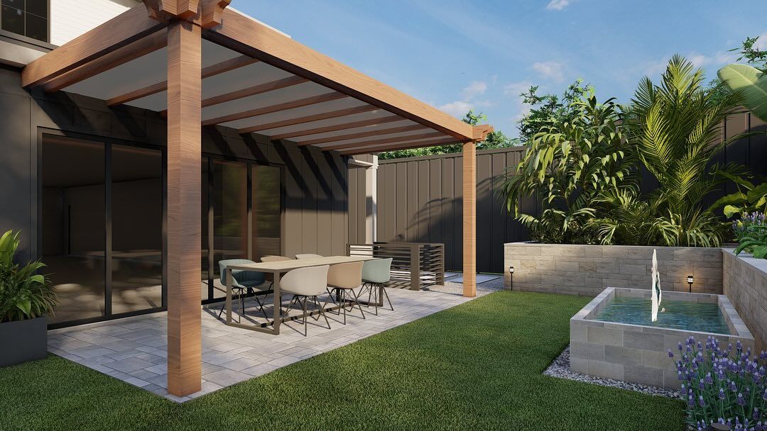 Patio with pergola, dining table, and small pool; grass lawn, lush plants, and modern home.