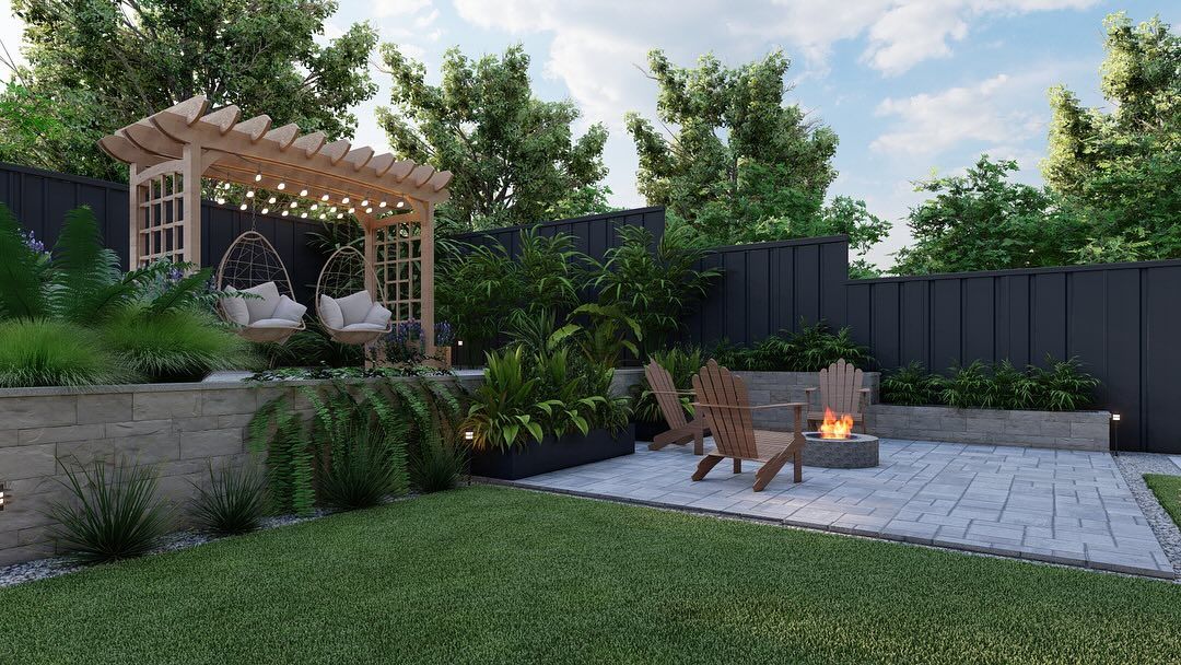 Backyard with a fire pit, seating area, pergola with hanging chairs, and lush greenery.