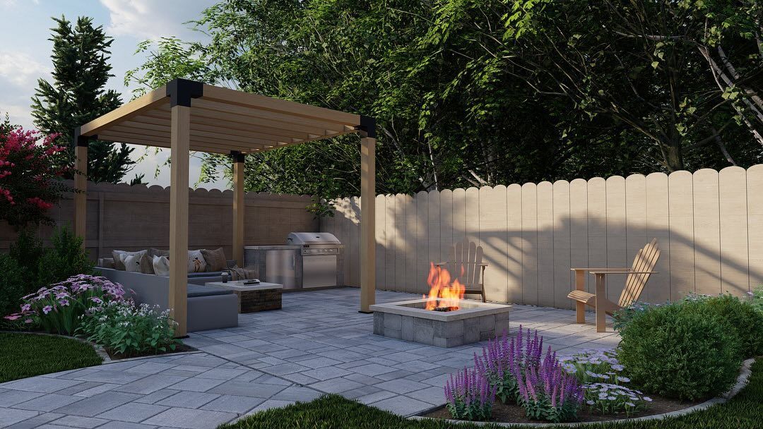 Backyard patio with a pergola, fire pit, seating, and grill.