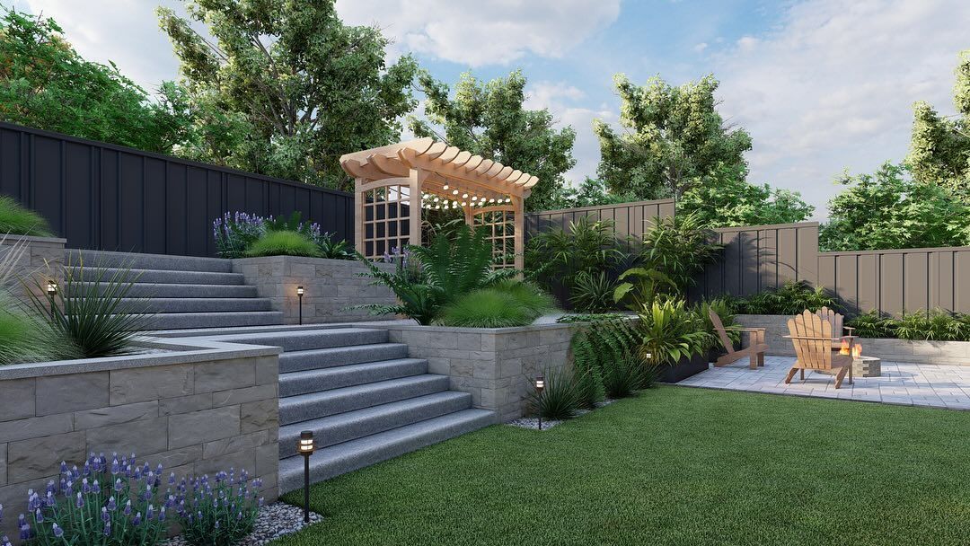 Stone steps lead to a pergola in a landscaped yard. Green grass, plants, and wooden chairs.