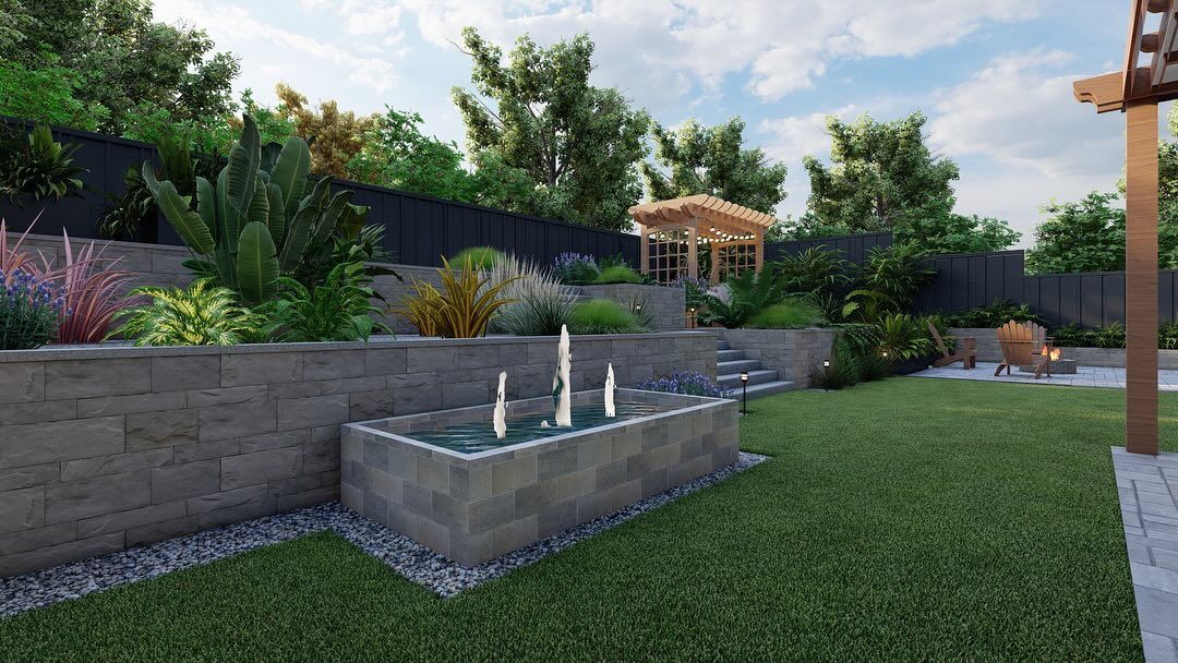 Landscaped backyard with water feature, retaining walls, and pergola, surrounded by greenery.