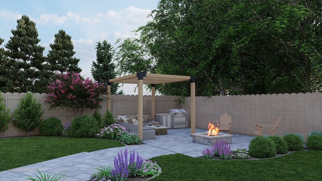 A backyard with a fire pit and a pergola.