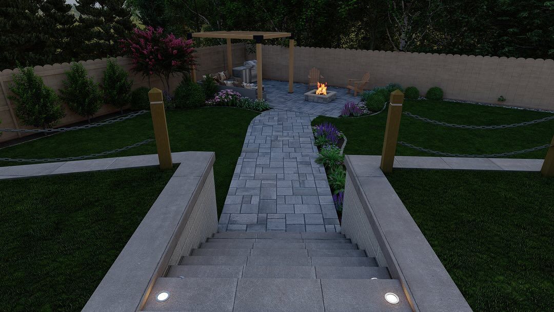 Steps leading down to a backyard with a stone path, fire pit, and pergola at dusk.