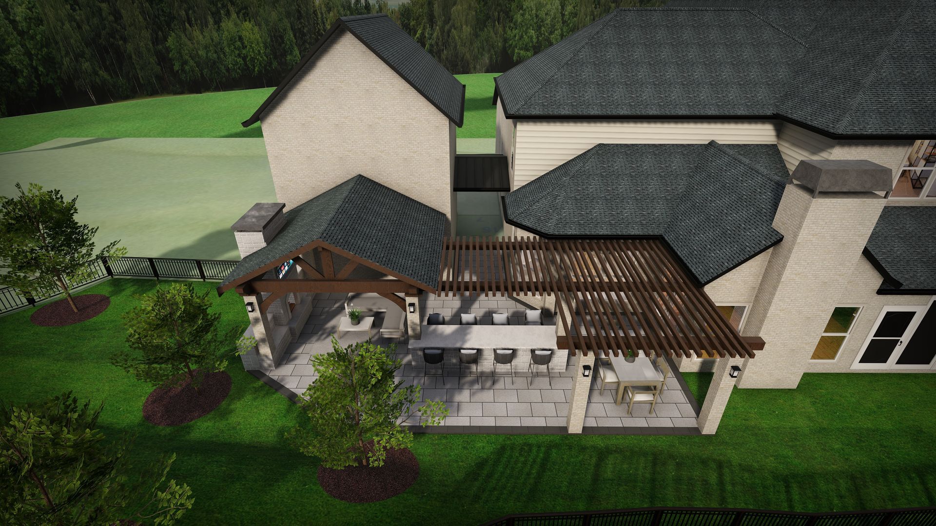 A backyard patio with a pergola, outdoor kitchen, and seating next to a large house and lawn.