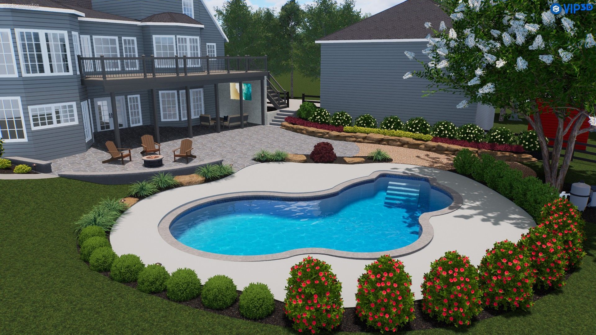 Backyard with a pool, patio, and house. Landscaping features greenery, a deck, and a fire pit.