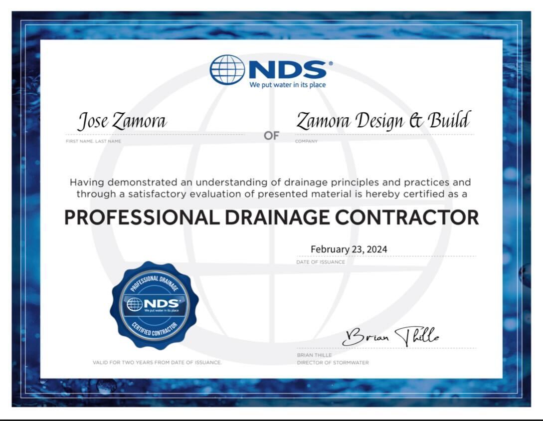 Certificate for Jose Zamora of Zoom Design & Build, certified as a Professional Drainage Contractor by NDS, February 23, 2024.