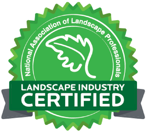 Green and white National Association of Landscape Professionals certification seal with a leaf design.