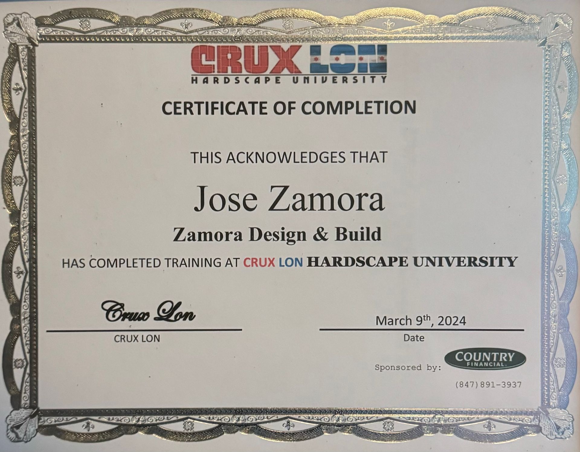 Certificate of completion from Crux Lon Hardscape University, awarded to Jose Zamora of Zamora Design & Build.